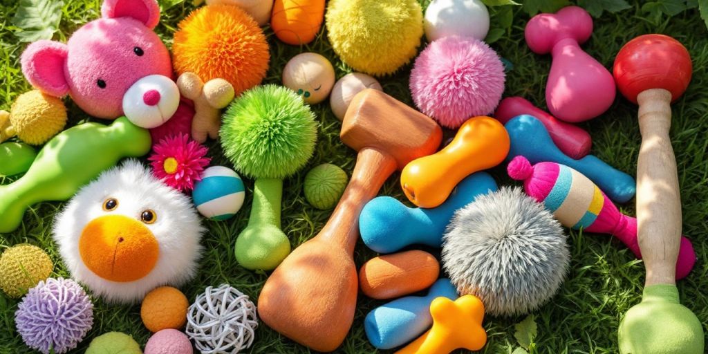 Colorful eco-friendly pet toys on green grass.