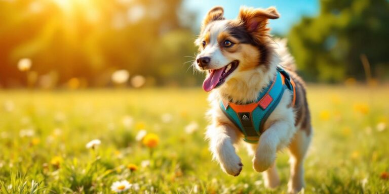 Active dog in a colorful harness running outdoors.