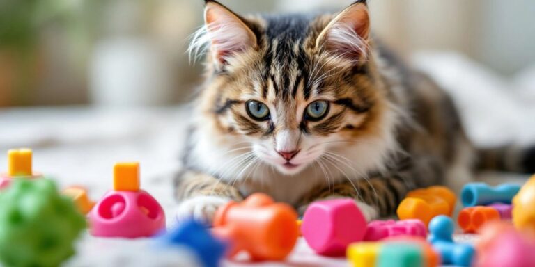 A cat playing with colorful interactive toys.