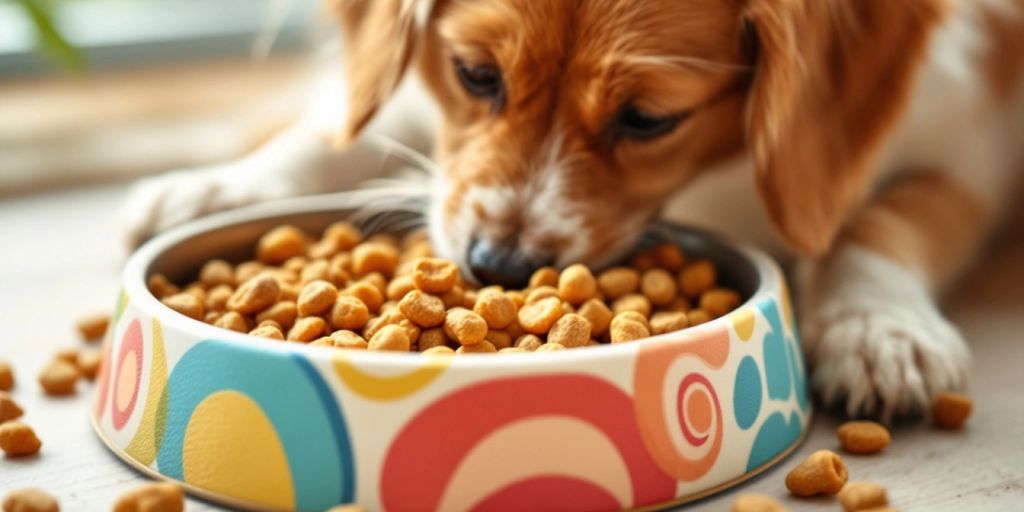 Colorful slow feeder bowl with kibble and a pet.