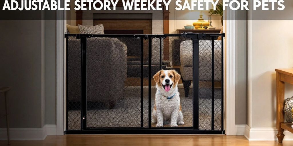 Adjustable pet gate in a cozy living room.