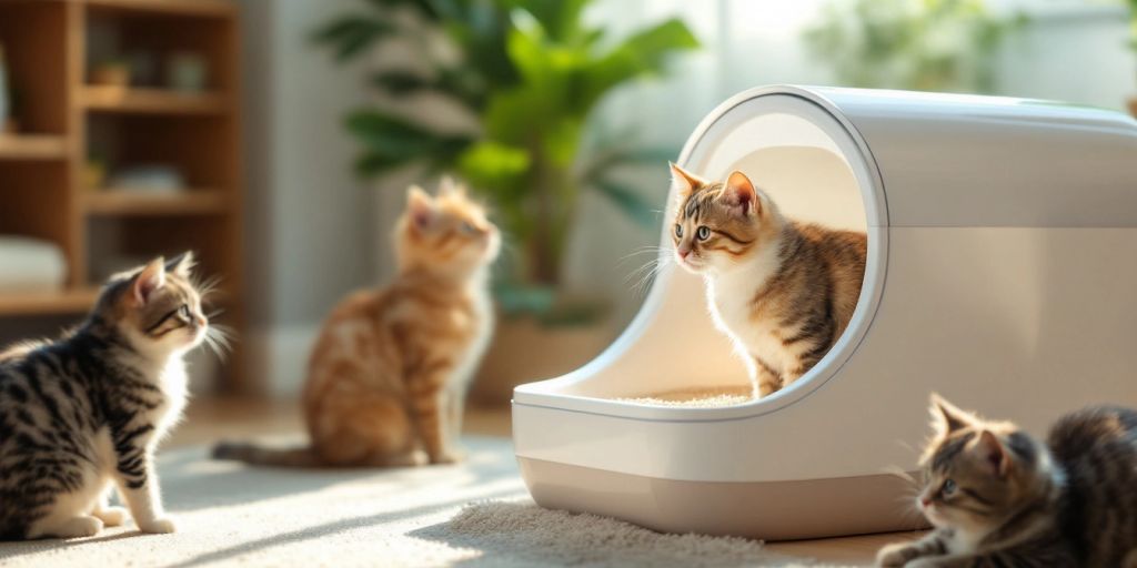 Self-cleaning litter box with playful cats around it.