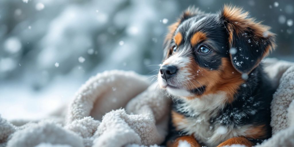 A well-groomed dog in a snowy winter setting.