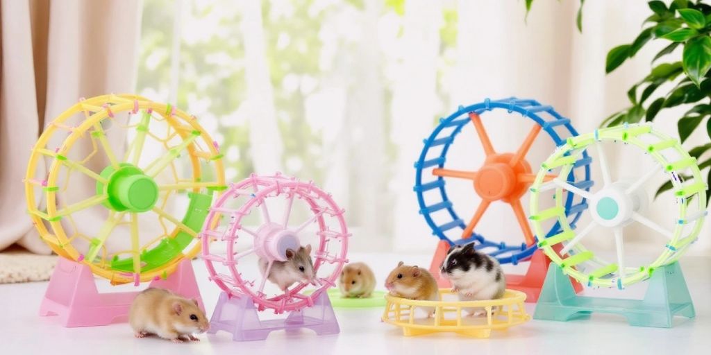 Colorful exercise wheels for small pets on display.