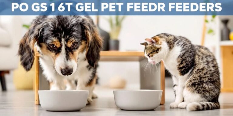 Dog and cat eating from elevated pet feeders.