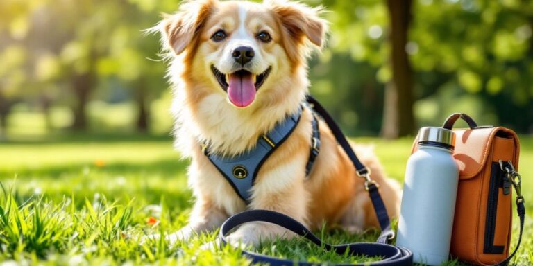 Happy dog with harness and leash in sunny park.