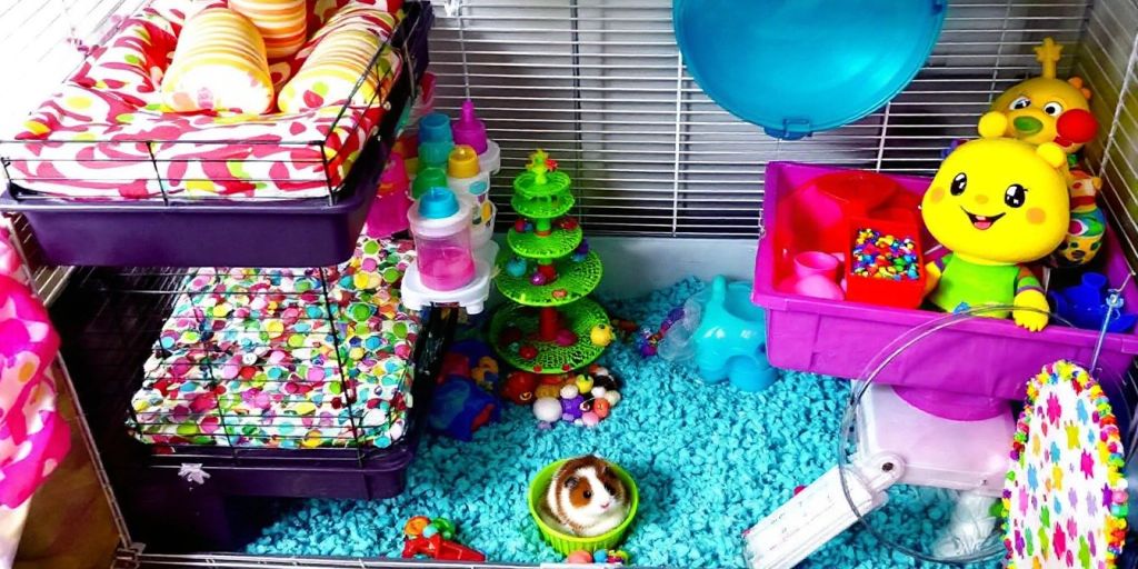 Cozy small pet cage with bedding and colorful toys.