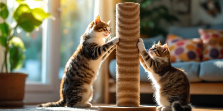 Cat scratching a post in a sunny living room.