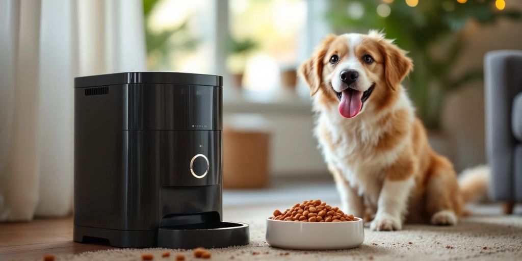 Dog waiting by automatic pet feeder in home setting.