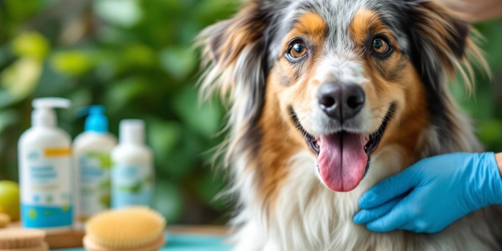 Dog grooming with natural products in a green setting.